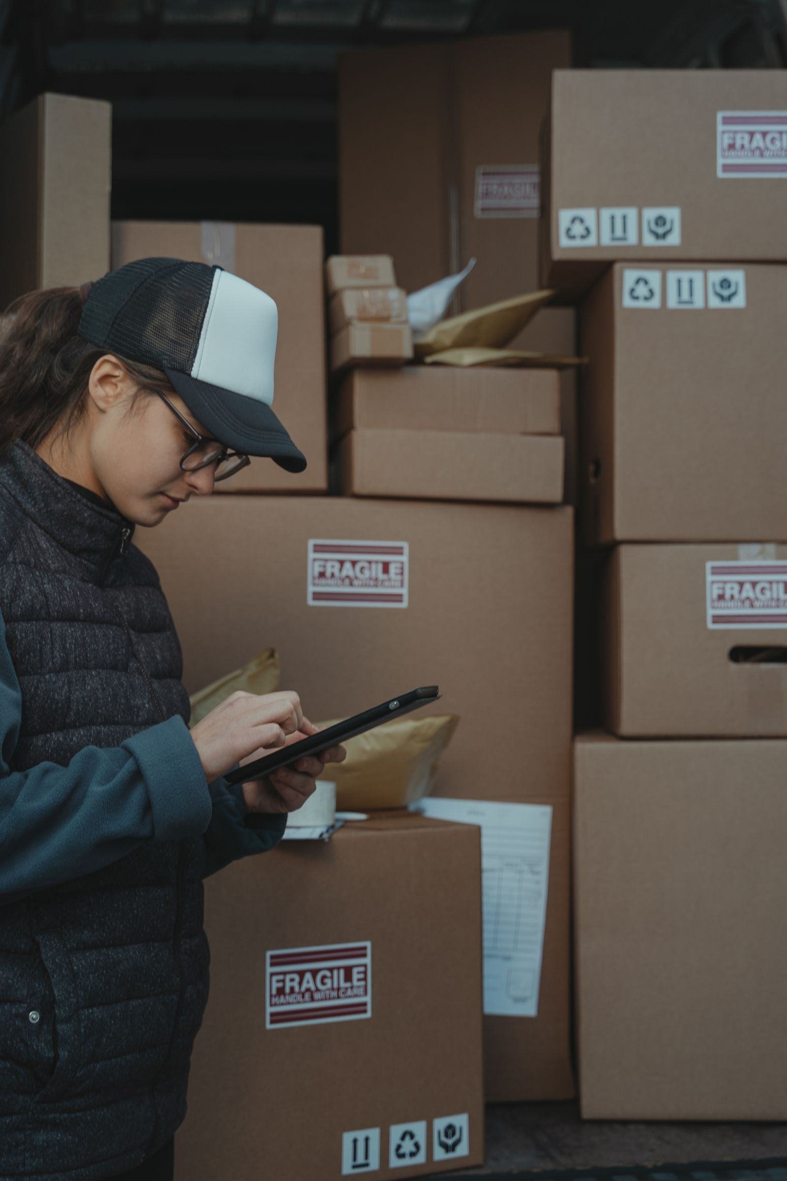 Warehouse operator updating a shipment on a tablet